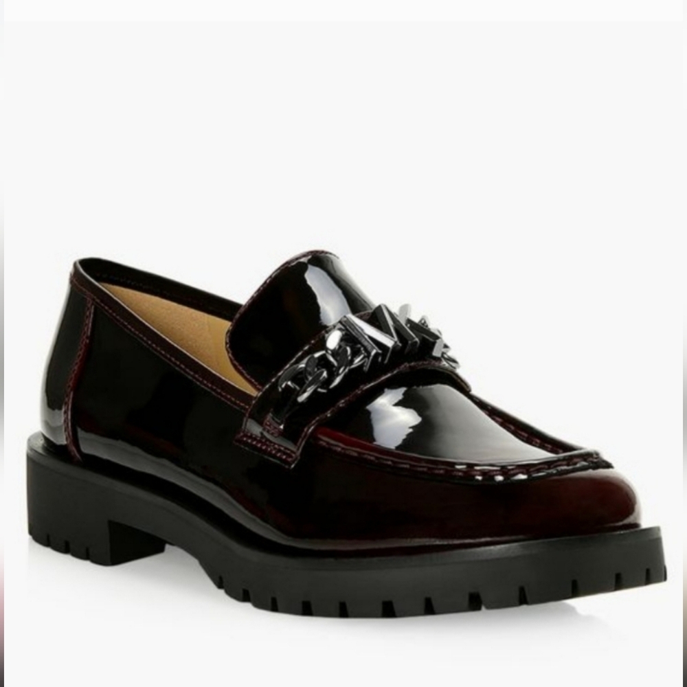 Micheal Kors Blaine Loafer Size 8 Burgundy/Gunmetal Chain Logo - Picture 1 of 16